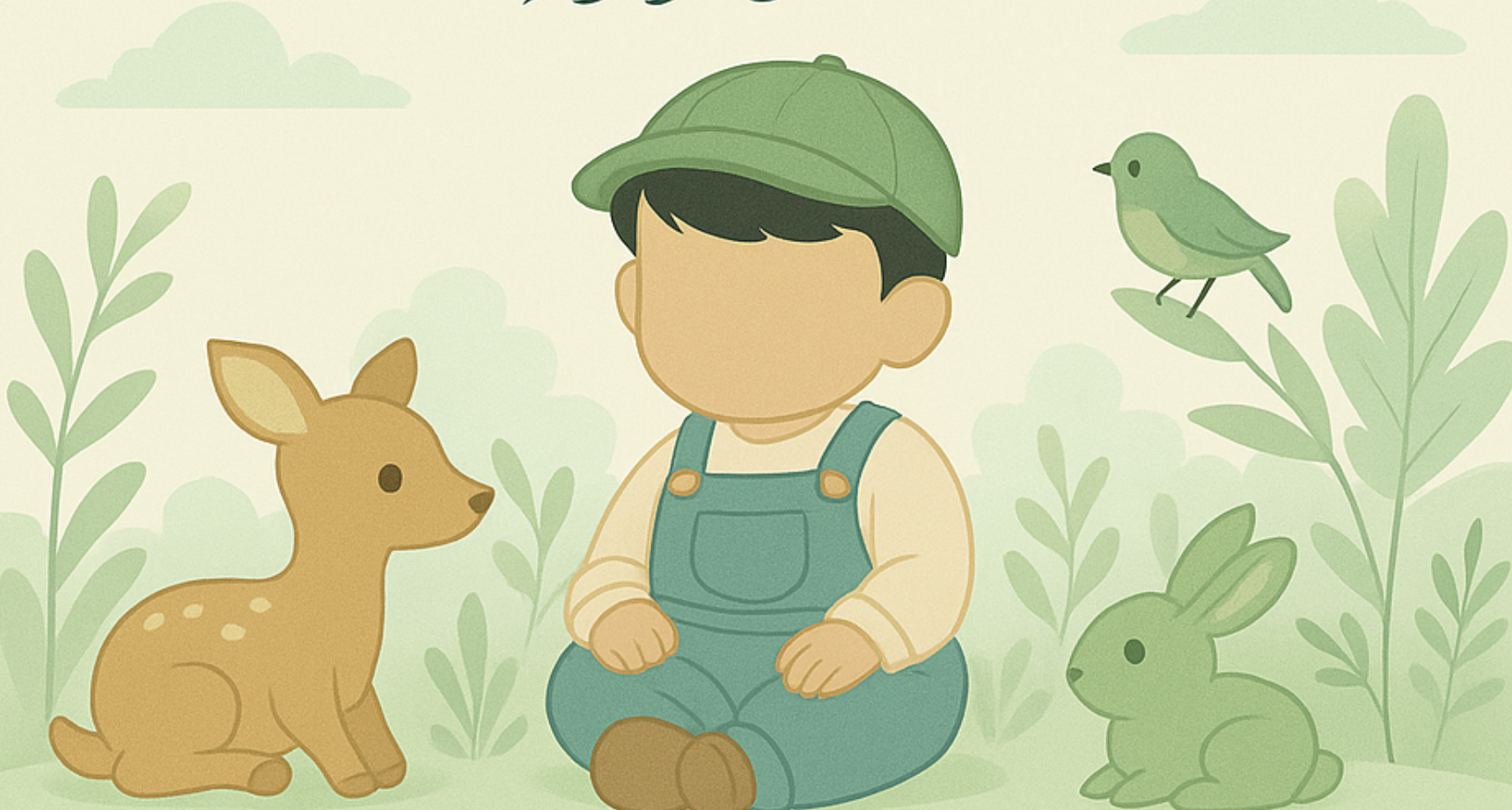 Illustration of a boy with baby deer and rabbit in nature